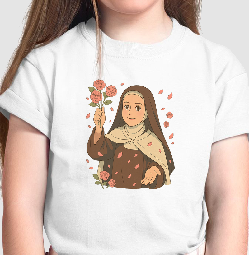 Camiseta Infantil Santa Teresinha Cartoon em Algodão