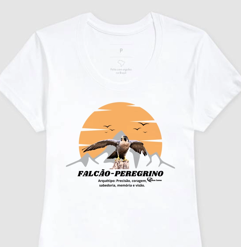 Camiseta Feminina Arquétipo Falcão-Peregrino Central Pôr do Sol Logo Falcon Custon Cor Preta