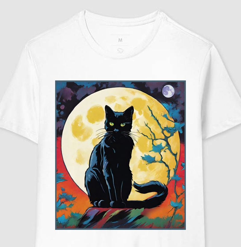 Camiseta Personaliza Reserva Ink - Gato Preto e a Lua em Pop Art