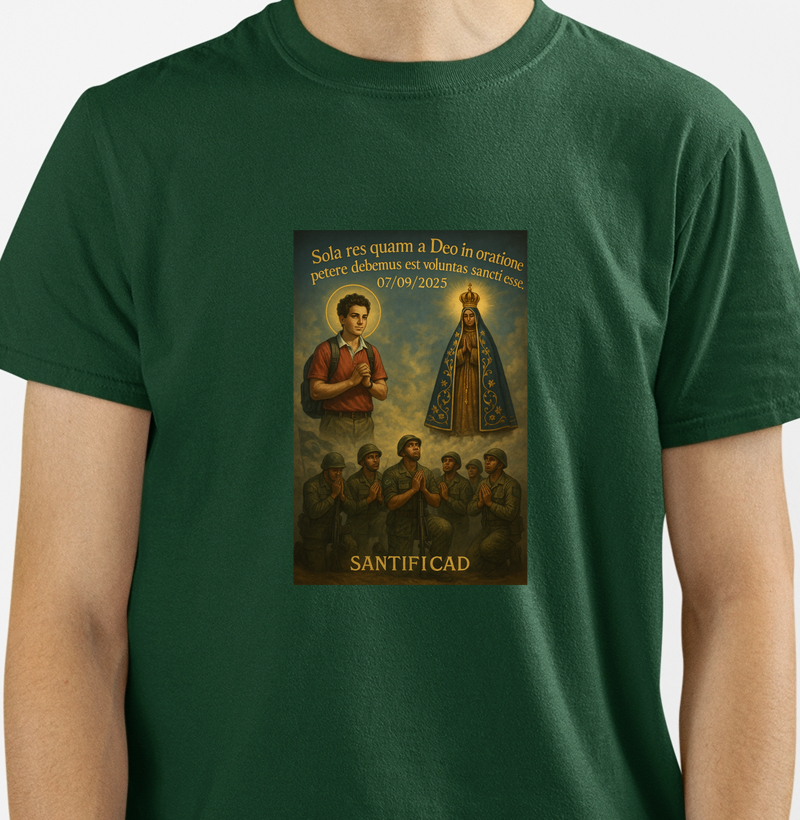 Camiseta Sola res quam a Deo in oratione petere debemus est voluntas sancti esse "Carlo Acutis e Nossa Senhora de Aparecida"