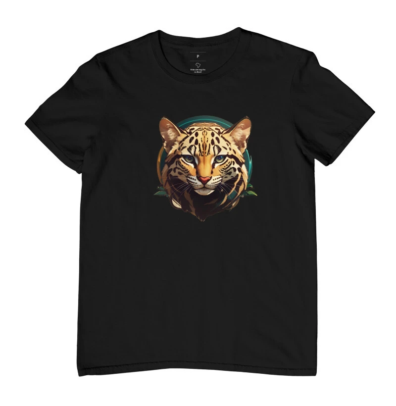 Camiseta jaguatirica acabamento em azul