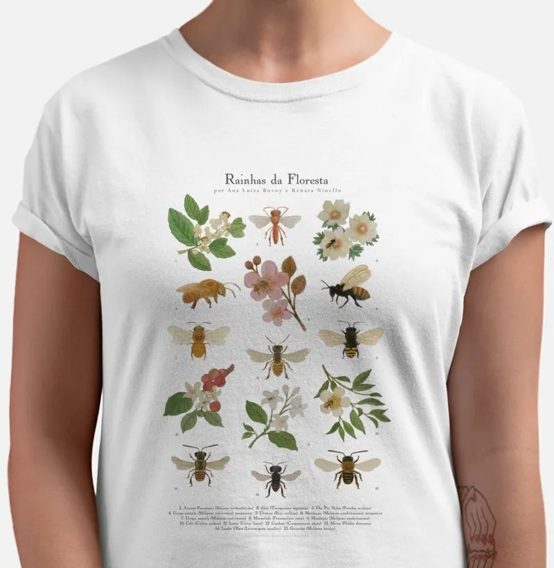 Camiseta Flores e Abelhas Baby Look Feminina