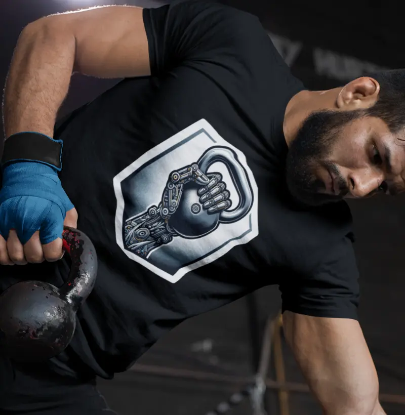 Força Robótica | Design de fitness futurista | Camiseta Kettlebell Metálica