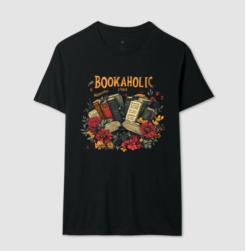 BOOKAHOLIC 1984 – CAMISETA FLORAL LITERÁRIA