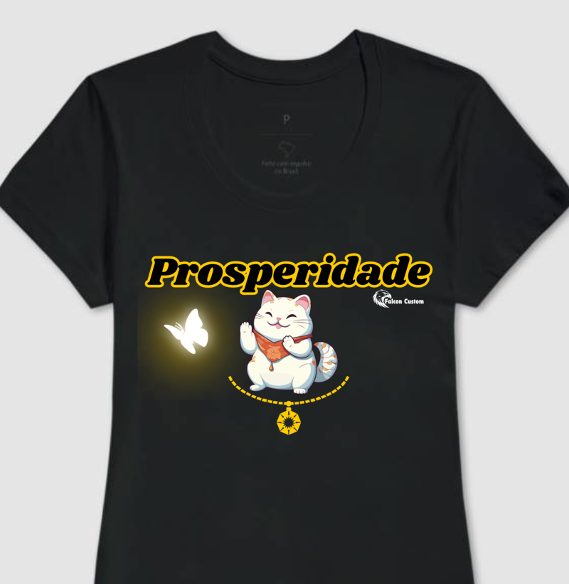 Camiseta Feminina Prosperidade Gato da Sorte AM Falcon Custom Cor Branca