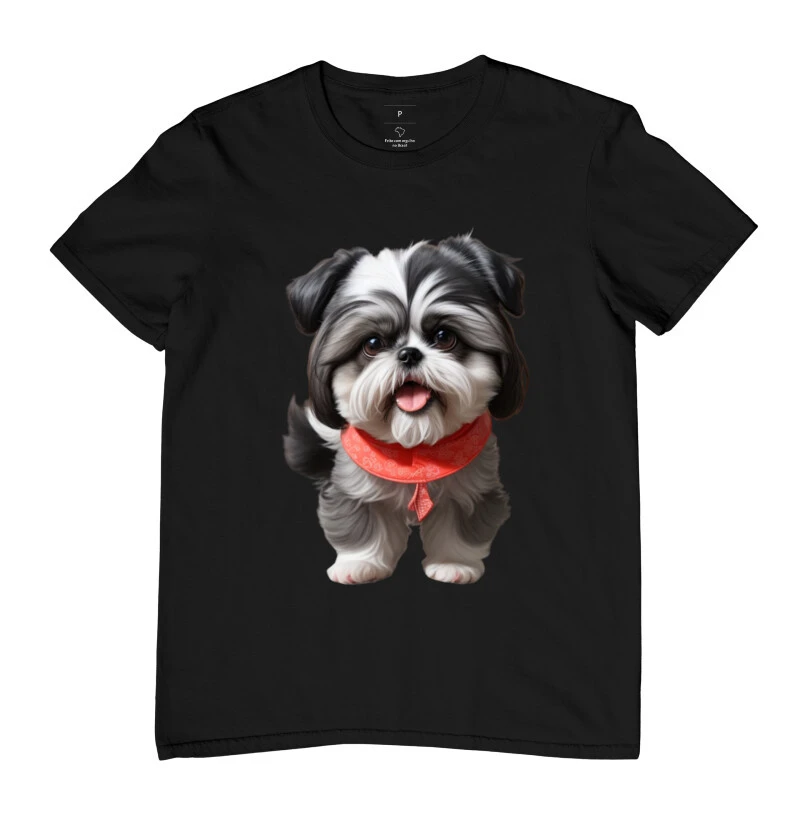 Camiseta Shih Tzu branco cinza de linguinha 