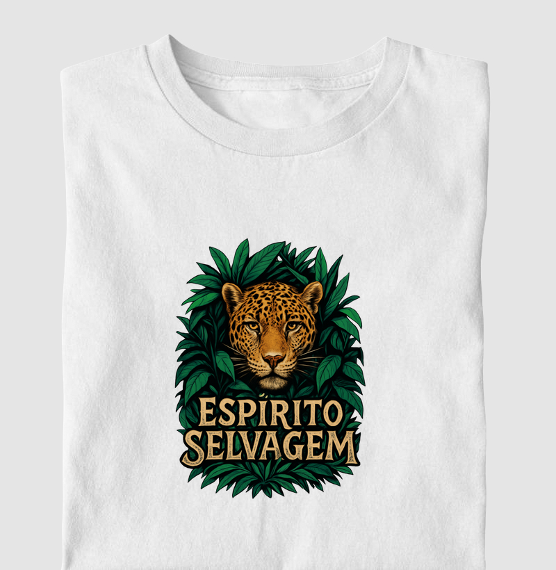 Espírito Selvagem – Camiseta Estampa Onça e Folhagem Tropical