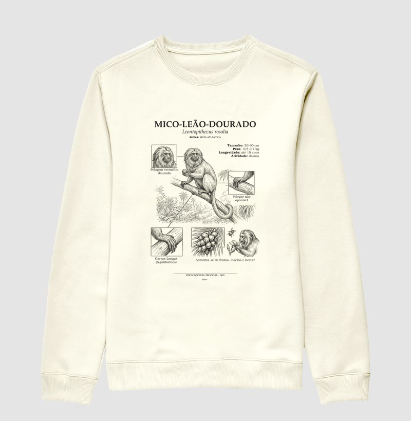 Suéter Moletom Mico-Leão-Dourado Vintage | Coleção Enciclopédia Tropical