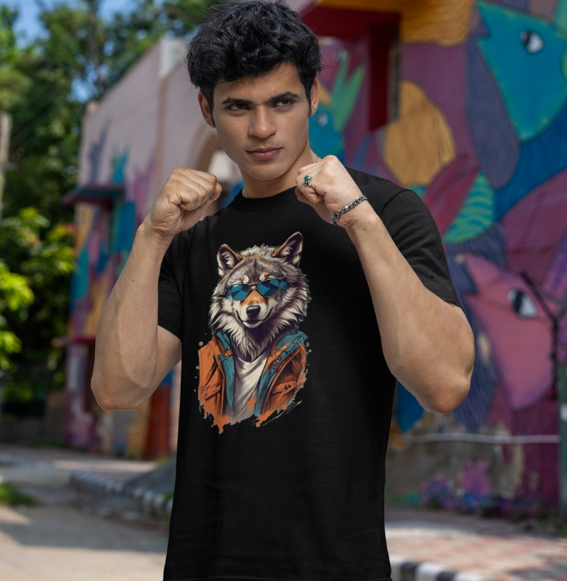 Camiseta com Estampa de Lobo com Jaqueta e Óculos