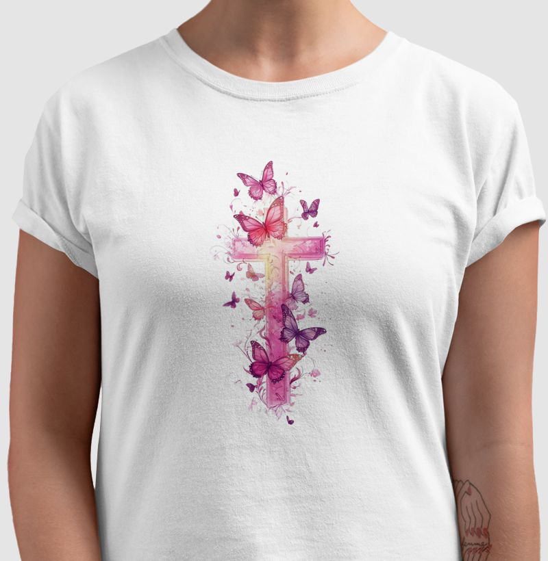 Camiseta cruz rosa Borboletas