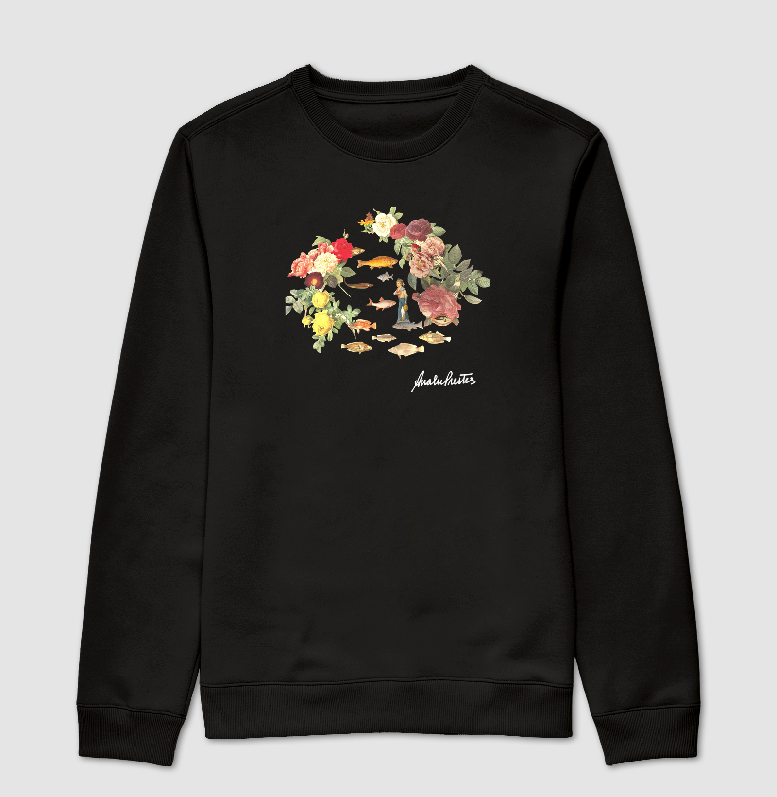 MARINHEIRO COM PEIXE E FLORES.