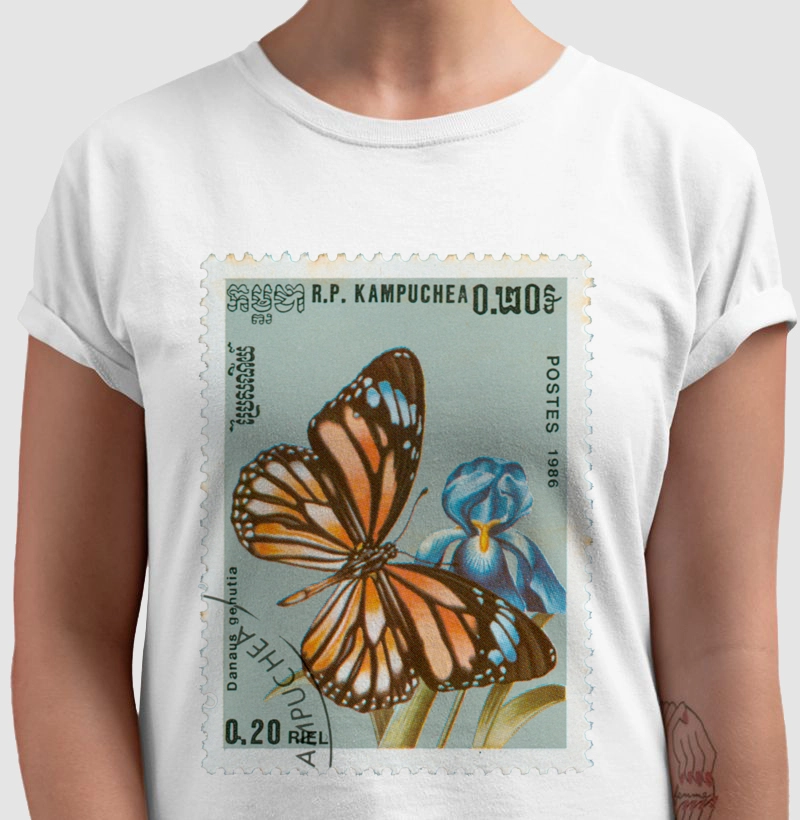Iris com borboleta Monarca em Selo de Kampuchea 1986