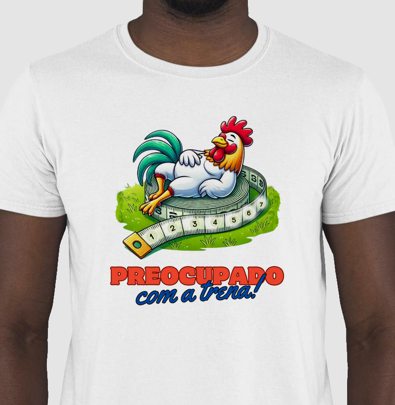 Camiseta Estampada Índio Gigante: Galo Preocupado com a Trena - Moda Exclusiva para Criadores e simpatisantes da raça de galinhas Índio Gigante.