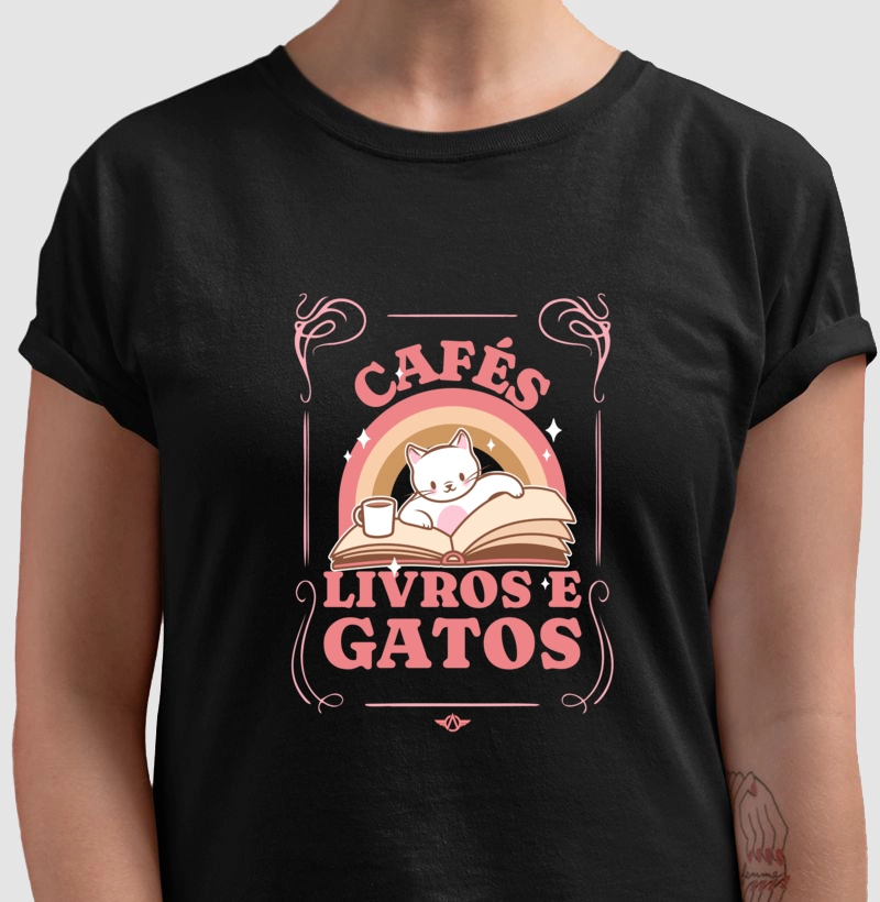 Camiseta Cafés, livros e gatos