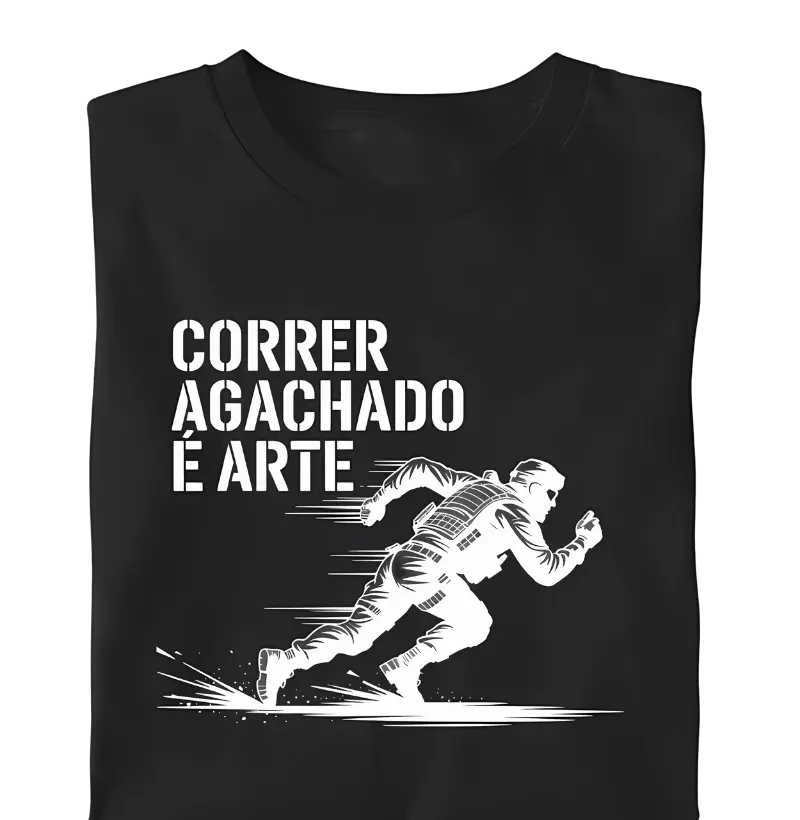 "Correr agachado é arte" com soldado em posição tática e visual sombrio