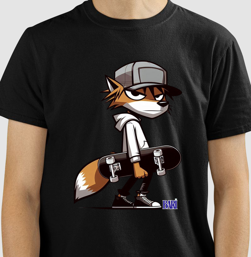 Camiseta com Estampa de Raposa Segurando Skate