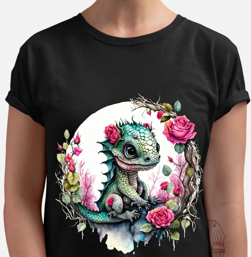 Adorável dragão verde com rosas