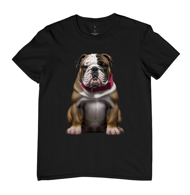 Camiseta Buldogue caramelo e branco com coleira vermelha