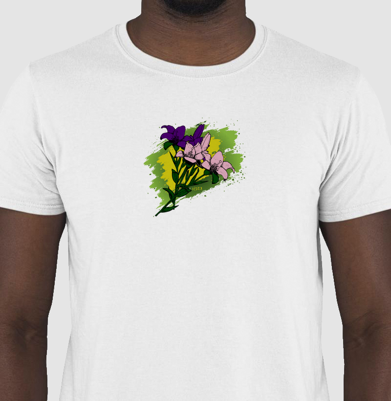 Camiseta flor lírio rosa e roxa