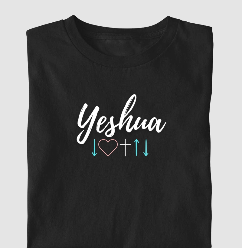 Camiseta cristã marca Eterno King com frases de fé "Yeshua" em letras brancas