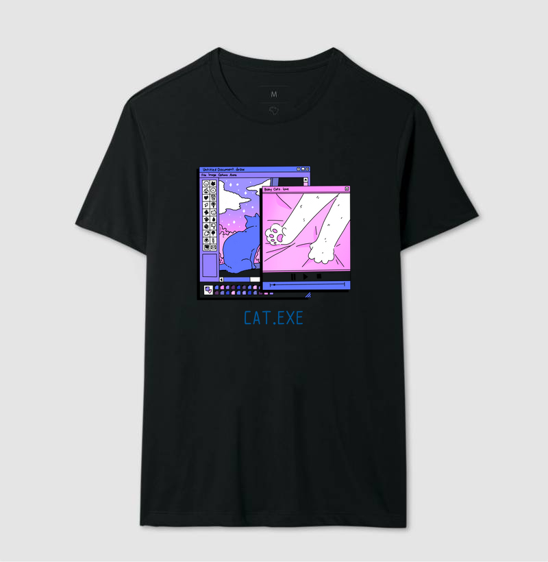 CAT.EXE – Camiseta Retrô para Devs Felinos
