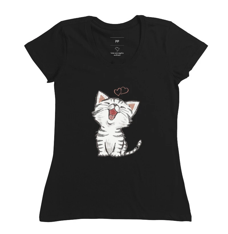 Camiseta Estampada Feminina Imagem de Gatinho