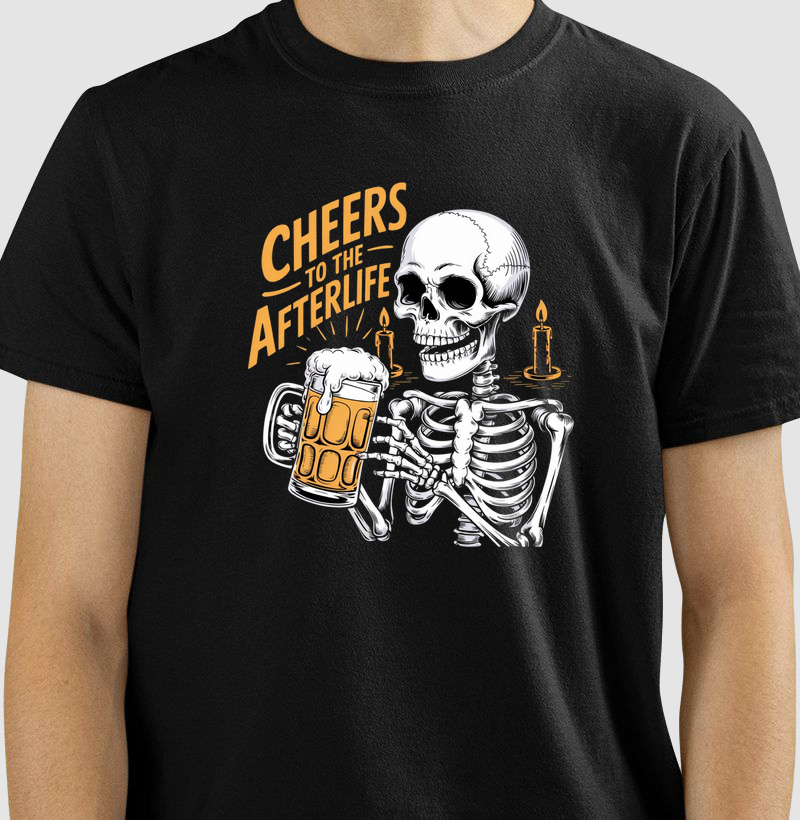 Camiseta Cheers to the Afterlife – Esqueleto e Chope