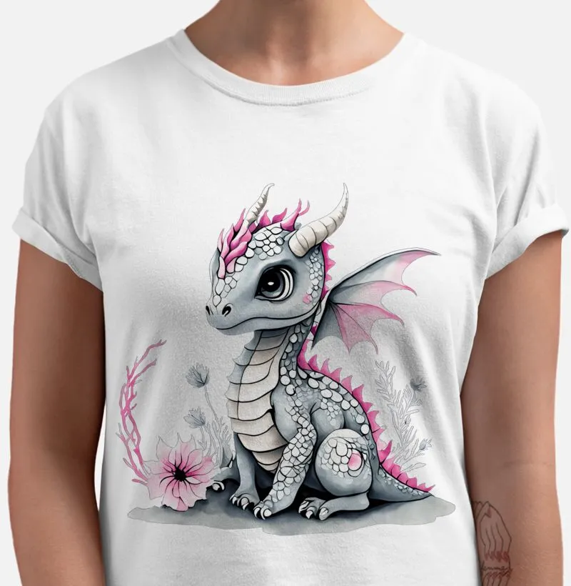 Dragão adoravel com asas rosa e flores