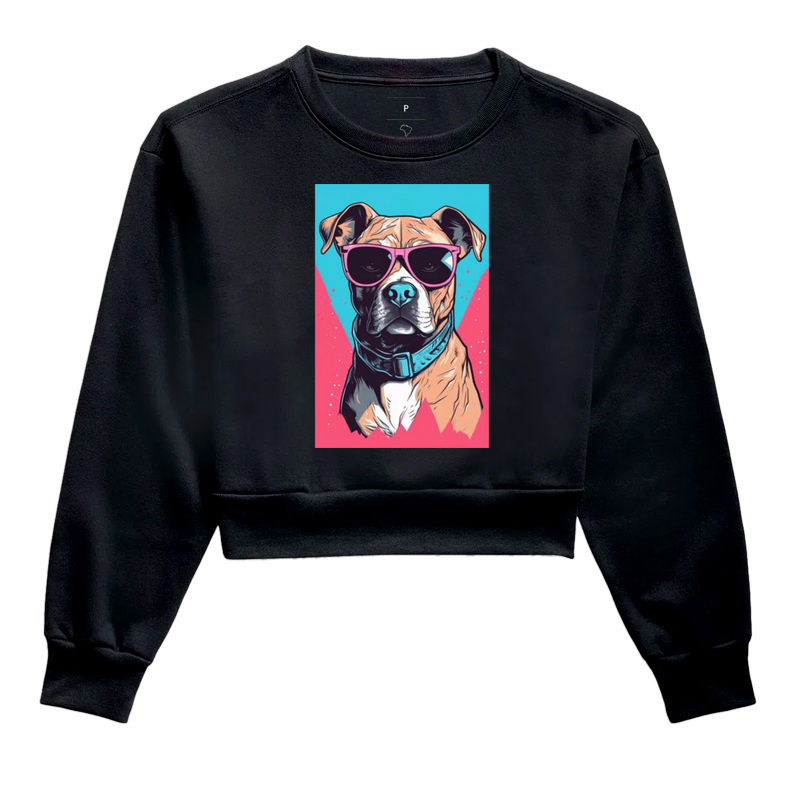 Pit bull de óculos escuro fundo azul e rosa