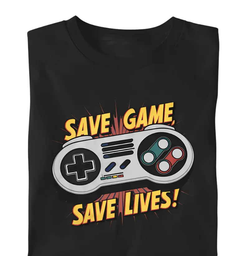 "Save Game Save Lives!" com controle retrô em estilo vintage heroico