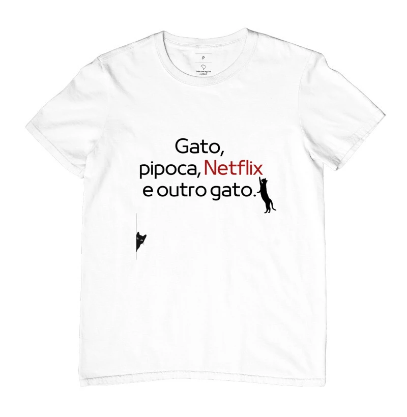 Camiseta Reserva Ink - Gato, pipoca e outro gato.