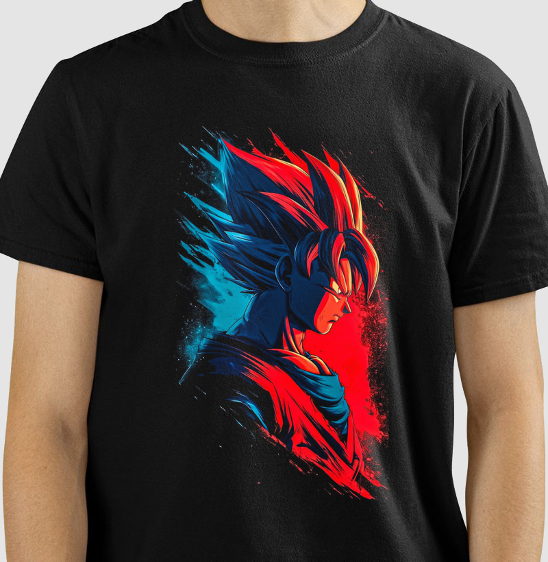 Camiseta Son Goku – Energia Azul & Vermelha