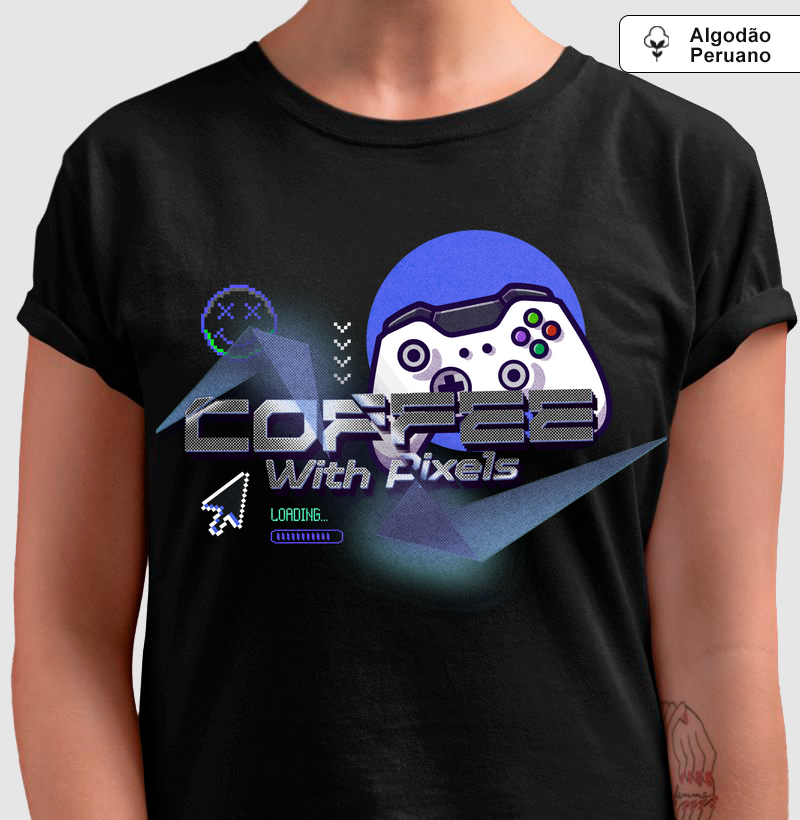 Camiseta Algodão Peruano "Coffee With Pixels" - Edição Gamer