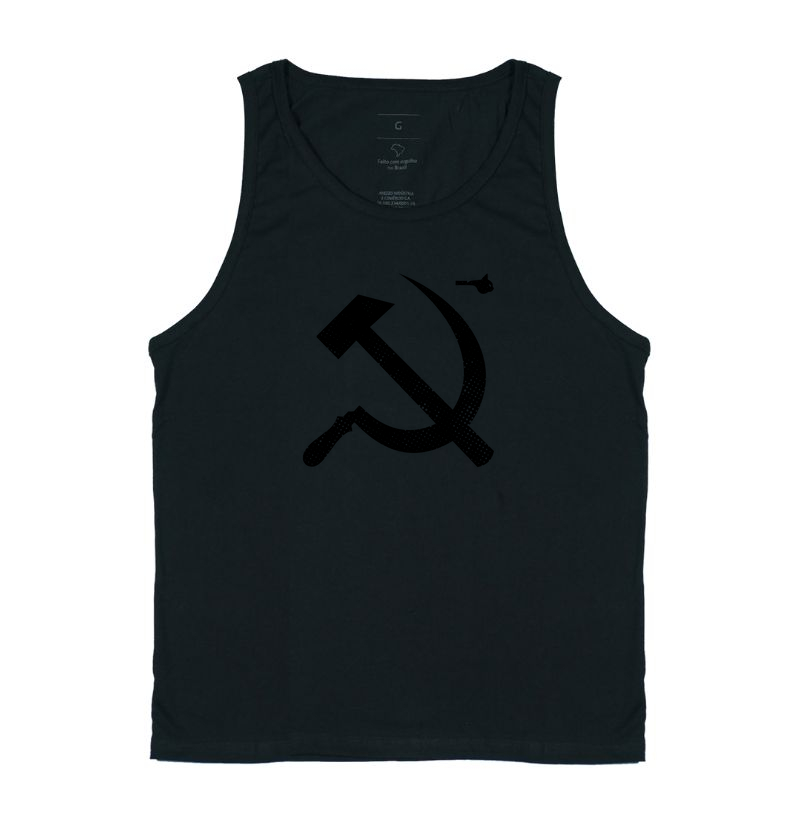 Subliminar Foice e Martelo (camiseta preta com estampa preta, visível dependendo da intensidade e ângulo da luz)
