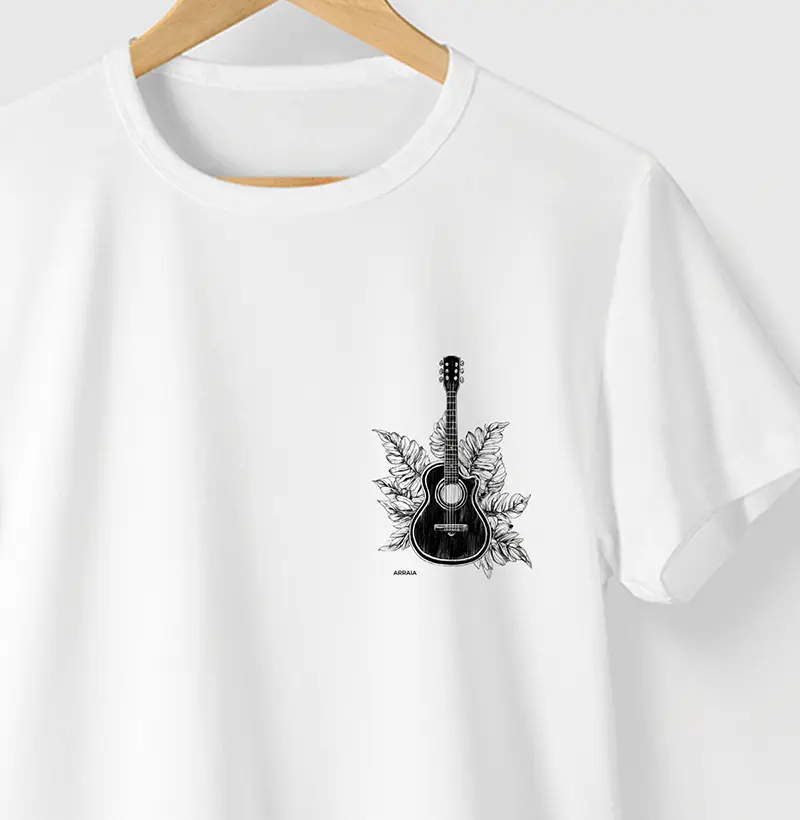 Camiseta VIOLÃO E FOLHAS - BRANCA - (100% Algodão)