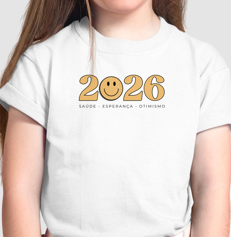 Camiseta 2026 Smiley – Saúde, Esperança e Otimismo Infantil 