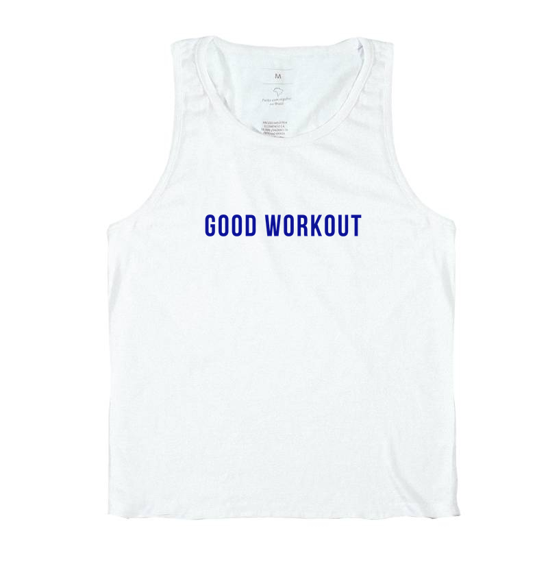 Regata Good Workout Branca Logo Reta Azul Marinho