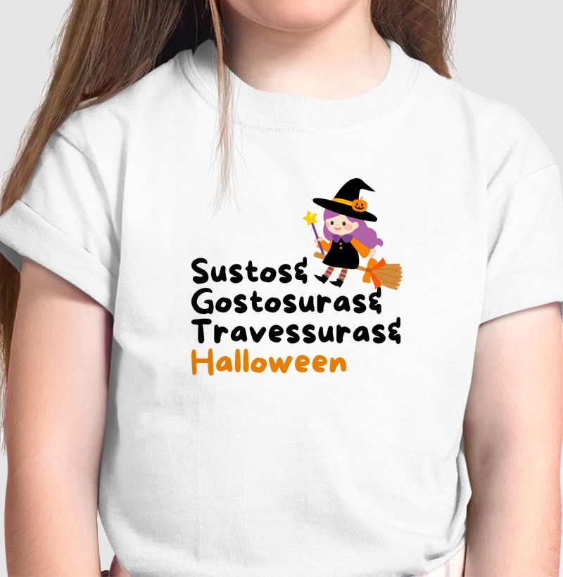 Camiseta sustos gostosuras travessuras halloween bruxa