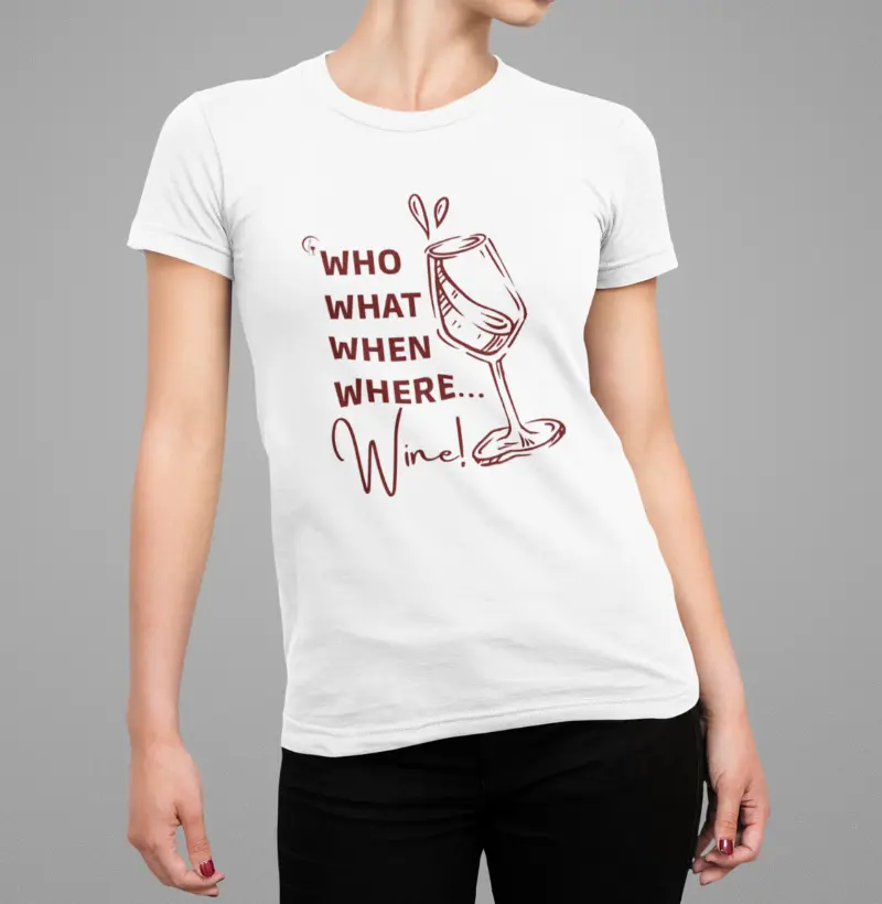 Camiseta Feminina Who What When Where Wine 