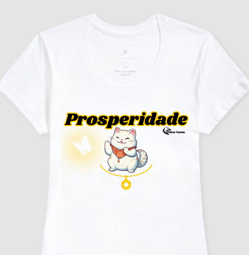 Camiseta Feminina Prosperidade Gato da Sorte Logo Falcon Custom Master cor Preta