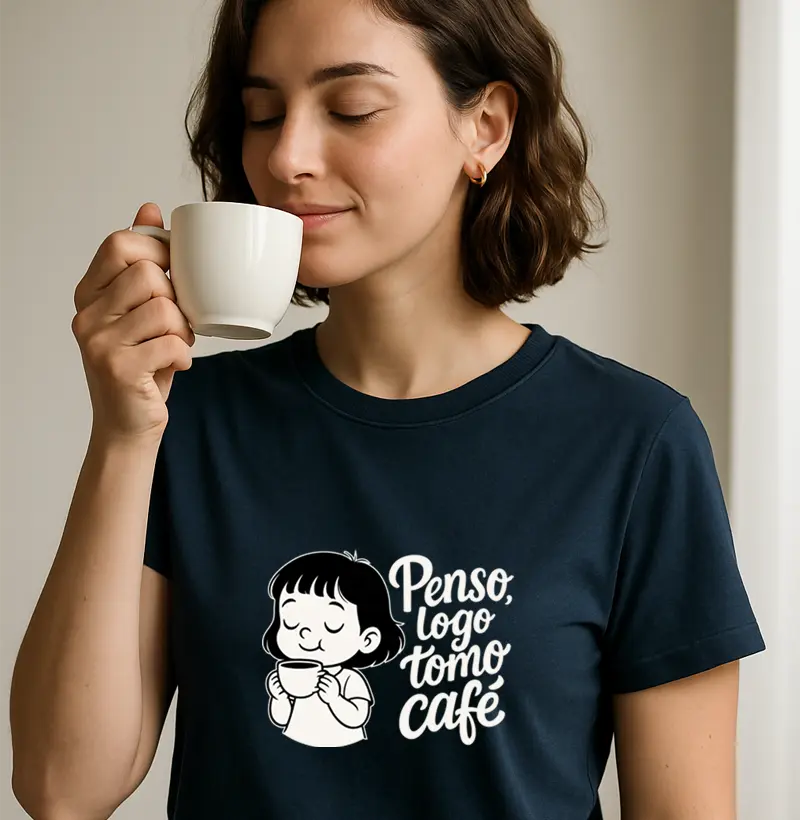 Camiseta "Penso, logo tomo café"