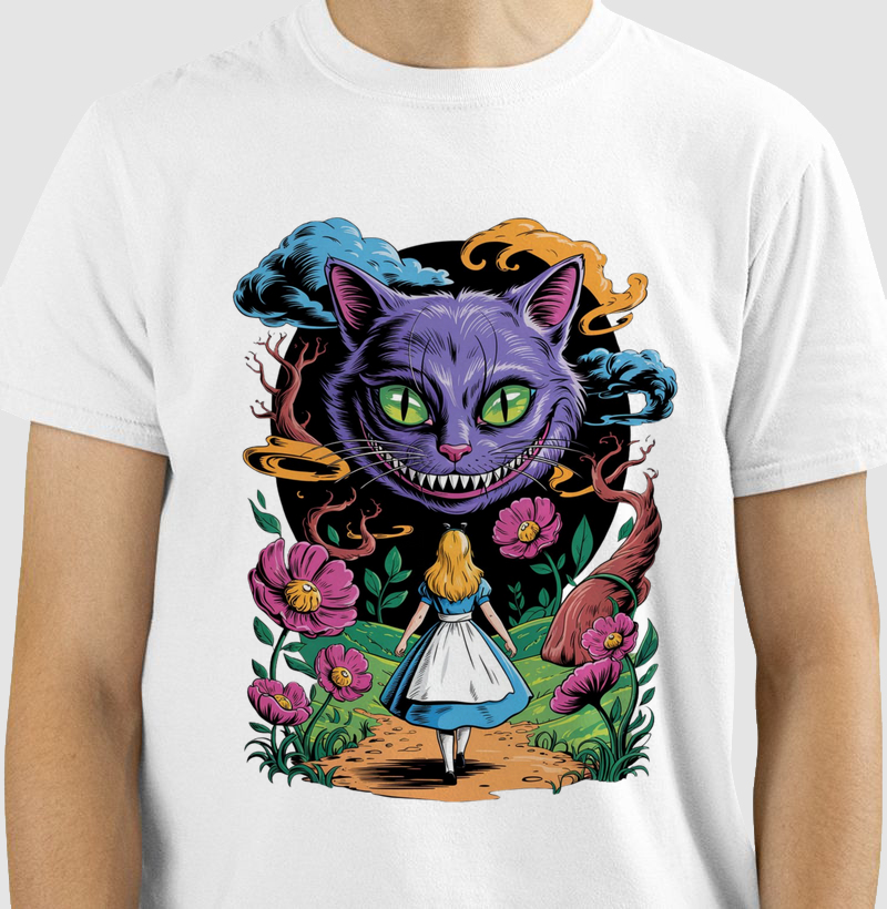  Camiseta We're All Mad Here - Alice e o Gato de Cheshire