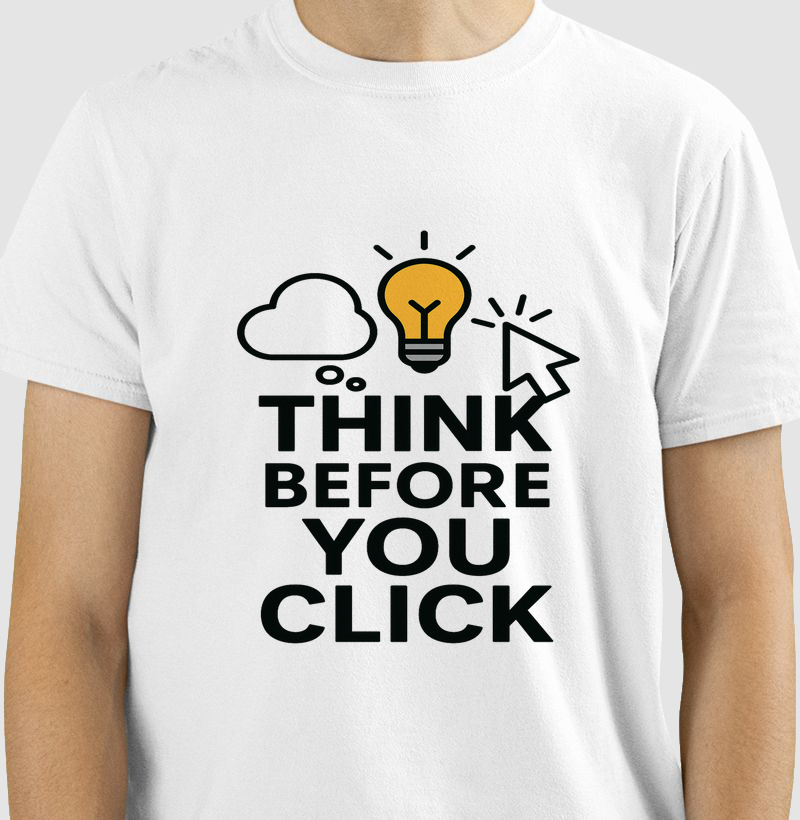 Camiseta Think Before You Click – Segurança digital começa com consciência 