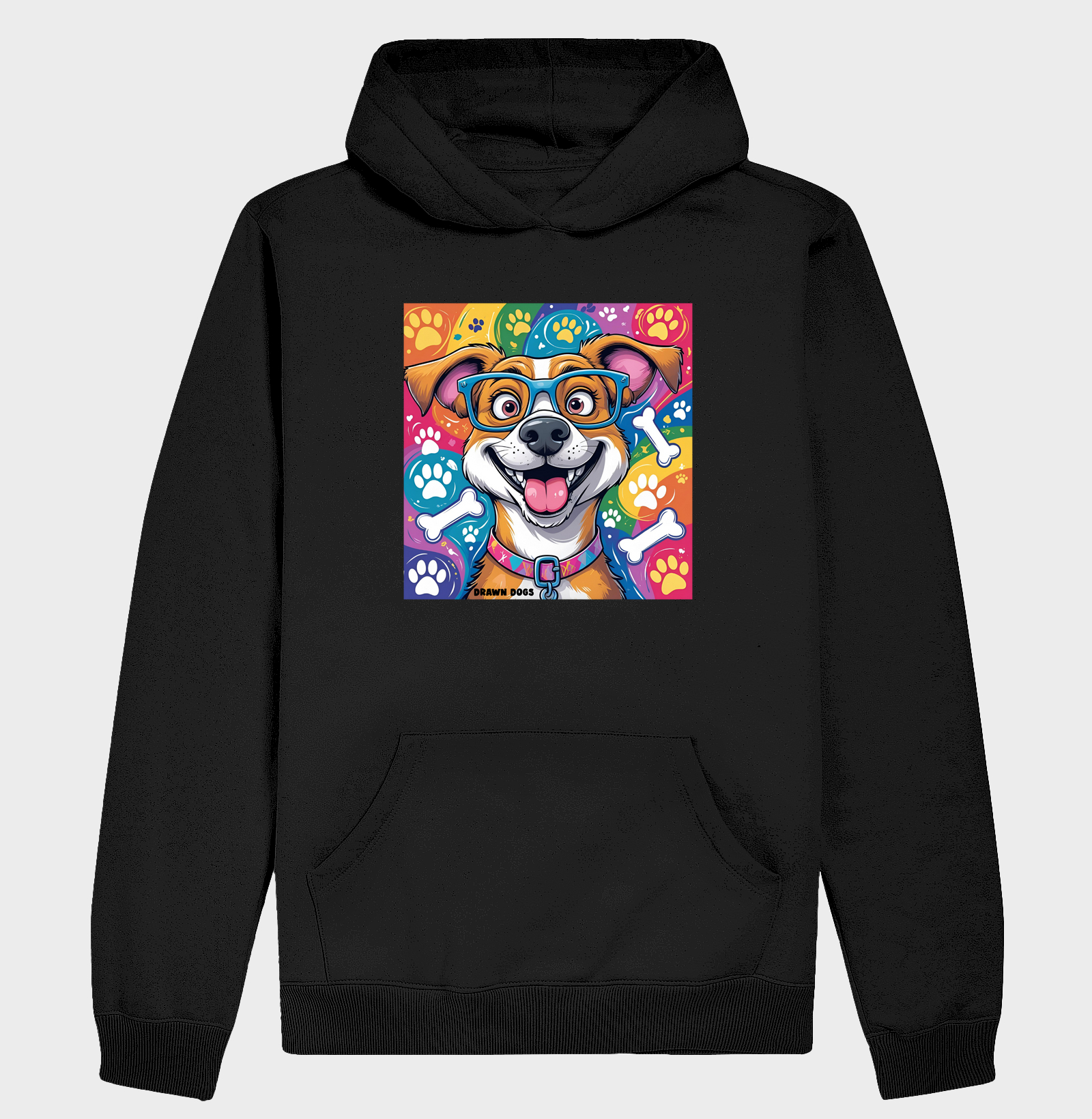 Cachorro de óculos sorrindo fundo colorido