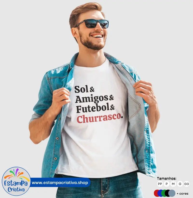 Camiseta Masculina "Sol & Amigos & Futebol & Churrasco"
