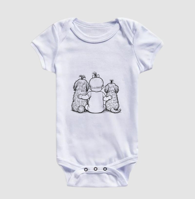 Abraço - bebê menina 6 meses com 2 cachorras shih tzu (body bebê)