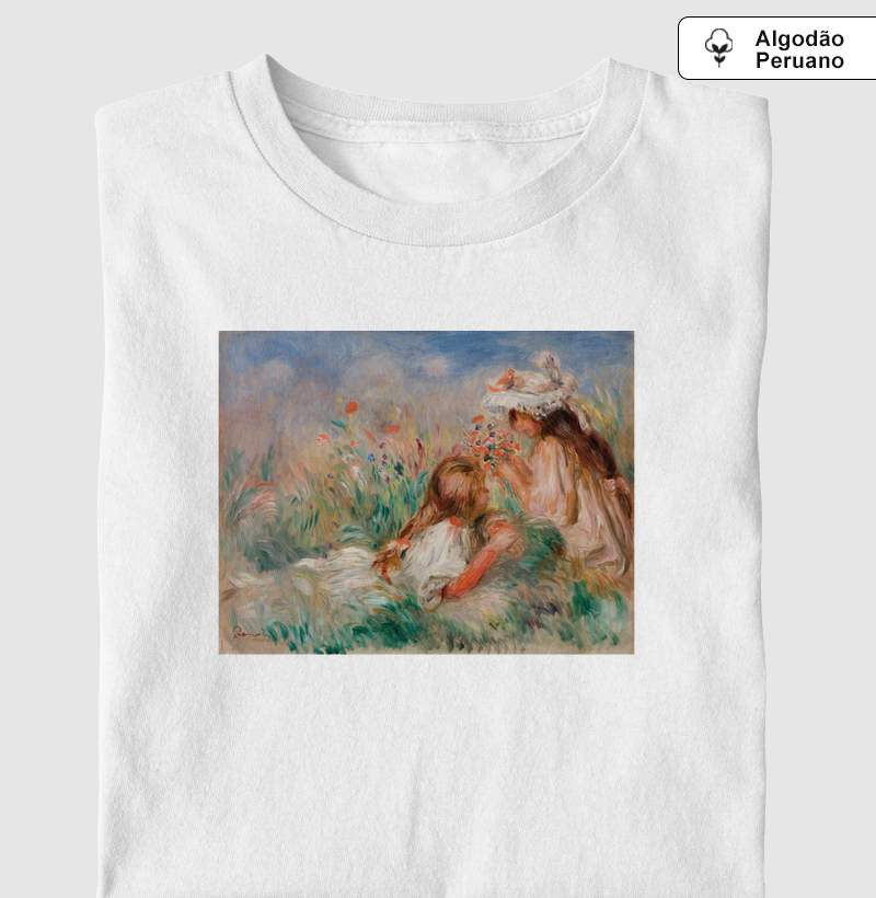 Girls in the Grass Arranging a Bouquet
