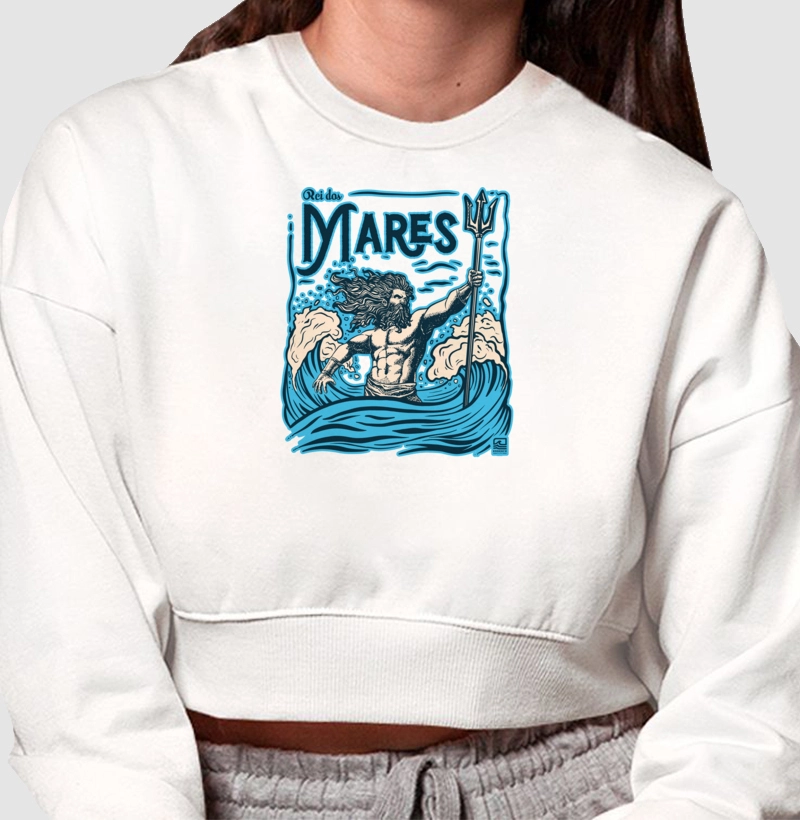Moletom Cropped "Rei dos Mares" Estampa Azul