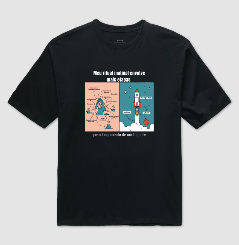 Camiseta Café - Meu ritual matinal envolve mais etapas que o lançamento de um foguete.