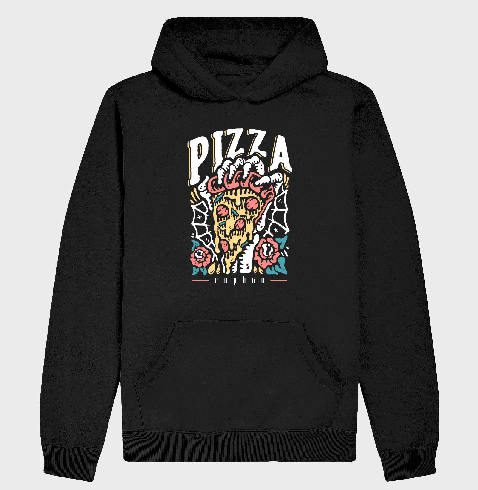 Caveira segurando fatia de pizza e rosas